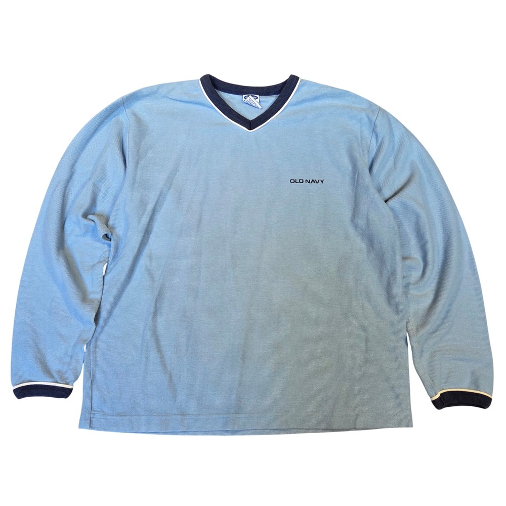 Old Navy Mens Small Blue Waffle Knit Thermal V-Neck Long Sleeve Shirt Y2k Skater